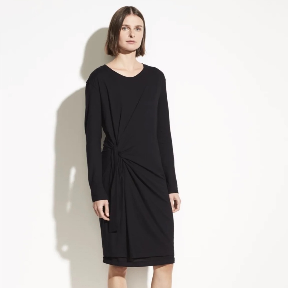 Vince Long Sleeve Side Tie Black T-Shirt Dress, Size S